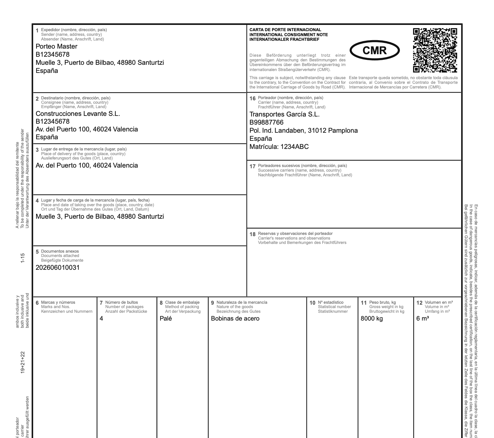 Previsualización de una Carta de Porte CMR generada por Porteo, lista para firmar