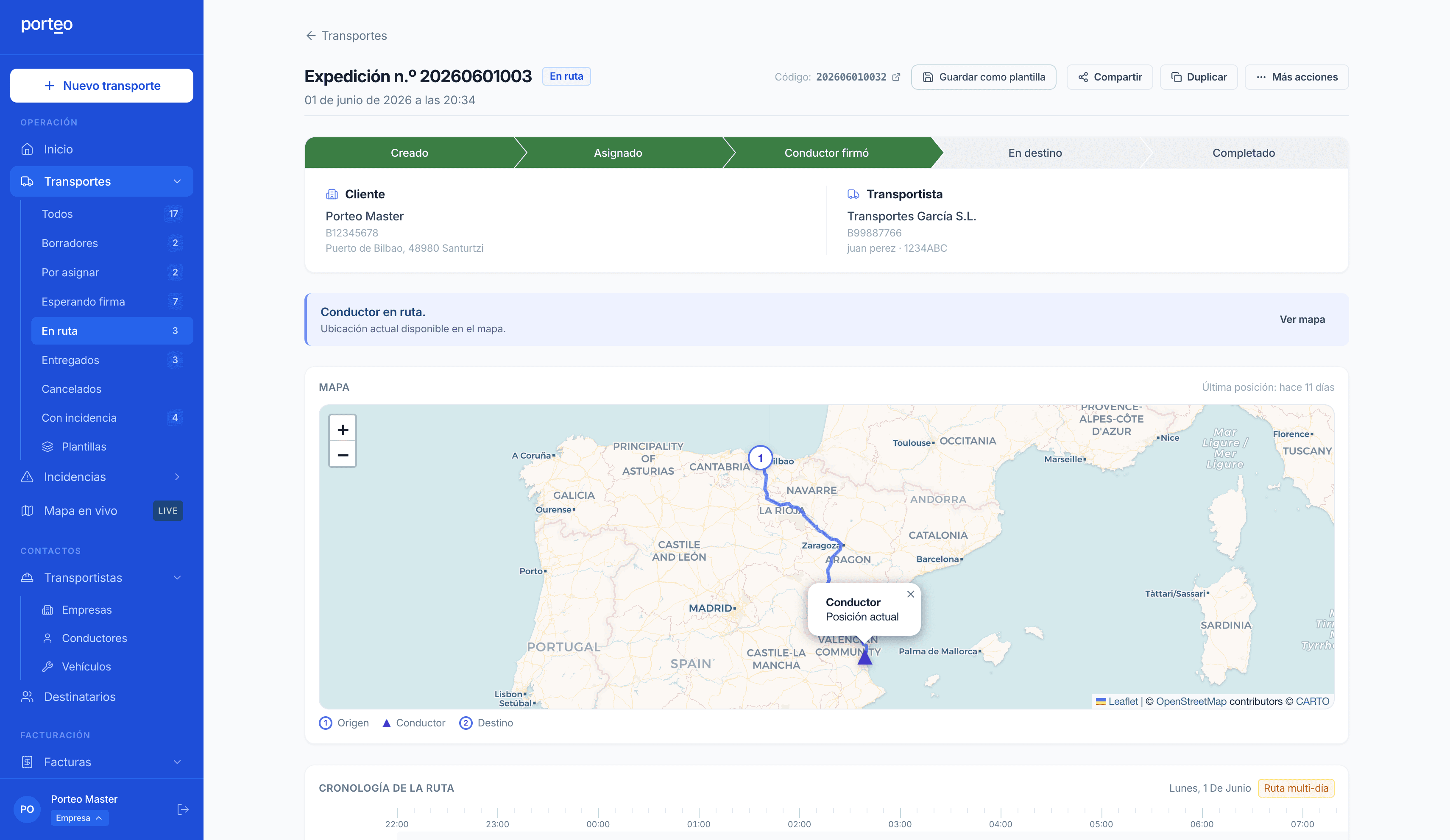 Detalle de un transporte en Porteo: estado paso a paso, mapa con el GPS del conductor en vivo y cronología de la ruta